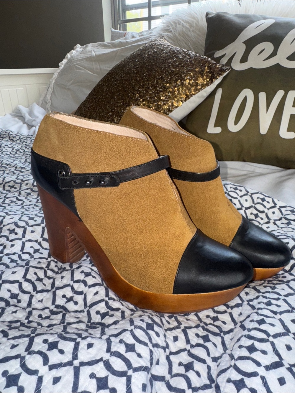 Matt Bernson Tan Suede and Black Leather Platform Wedge Booties